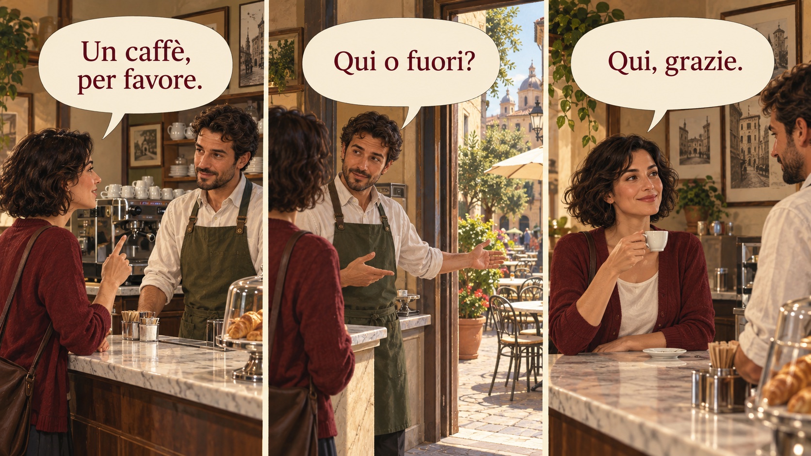 Illustrated café exchange: an order, a follow-up question, and a reply