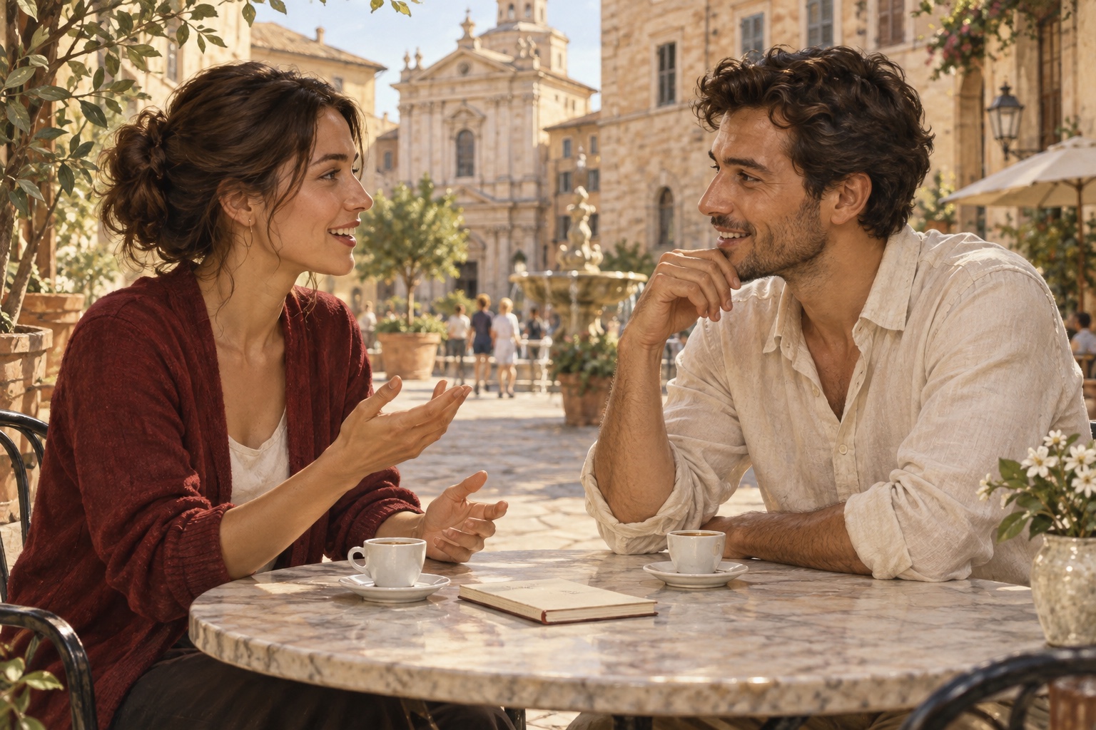 Two people talking over coffee in an Italian piazza