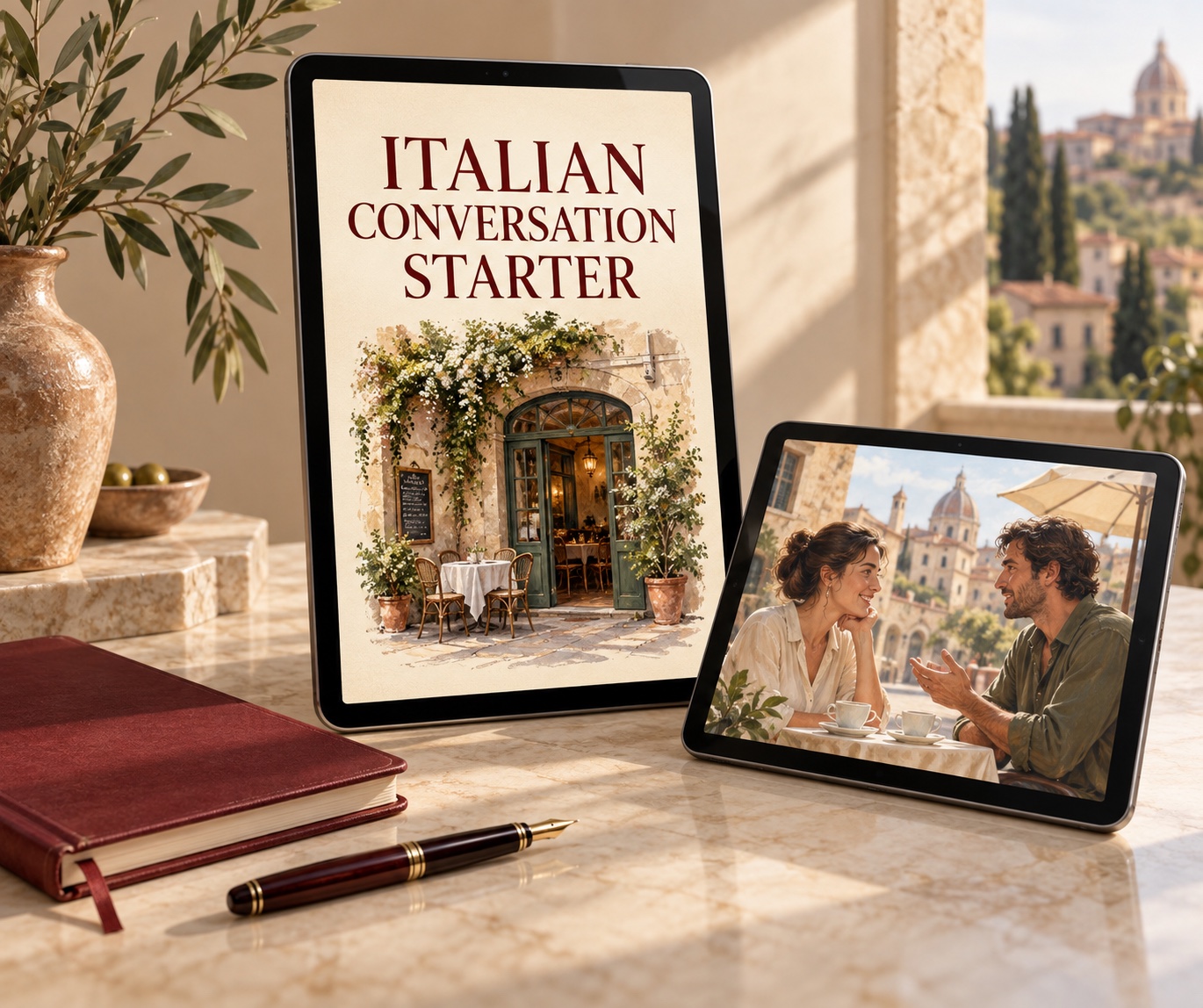 Italian Conversation Starter digital editions shown on tablets